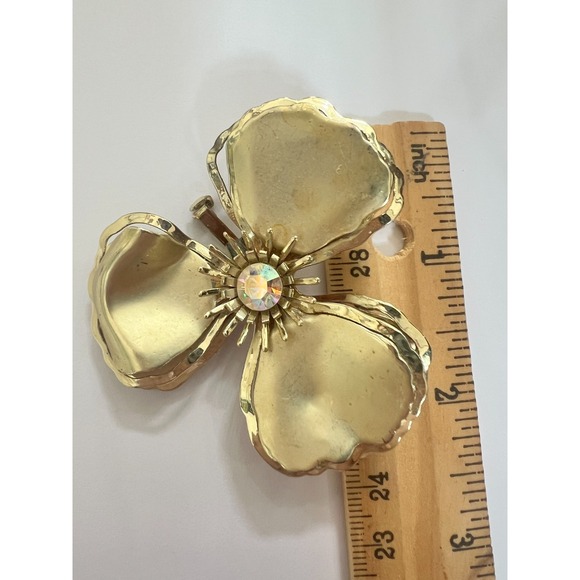 Vintage Gold Tone Sculptural Flower Brooch AB Rhinestone Mid Century Statement - Picture 3 of 12